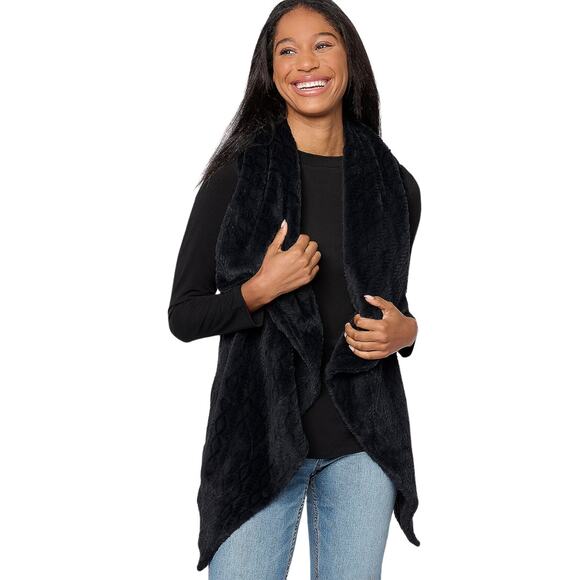 AnyBody Drape Front Cable Plush Fleece Vest in Black NEW Size Small - Picture 1 of 3